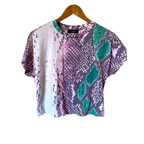 Guess women’s crop top short sleeve size XS snake print white, teal and purple - Picture 5 of 6